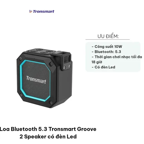 Loa Bluetooth 5.3 Tronsmart Groove 2 có đèn LED, âm thanh chi tiết, chống nước IPX7, di động, pin 18 giờ - Thiết bị nghe nhạc hoàn hảo cho mọi dịp