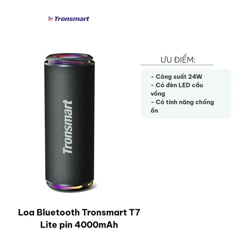 Loa Bluetooth Tronsmart T7 Lite 4000mAh - Âm thanh sống động 24W, kết nối TWS, chống nước IPX7, thời gian phát nhạc 24 giờ
