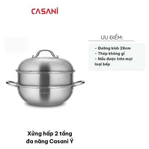 Xửng Hấp 2 Tầng Đa Năng Casani Ý 28cm - Thép Không Gỉ, Dẫn Nhiệt Nhanh, Dụng Cụ Nhà Bếp Chất Lượng Cao, Chế Biến Món Ăn Ngon