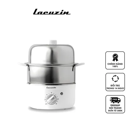Nồi Hấp 2 Tầng Đa Năng Lacuzin LCZ160 - Hấp Trứng, Rau Củ, Thịt - Thiết Kế Bền Bỉ, Dễ Sử Dụng, Hẹn Giờ Tối Đa 30 Phút