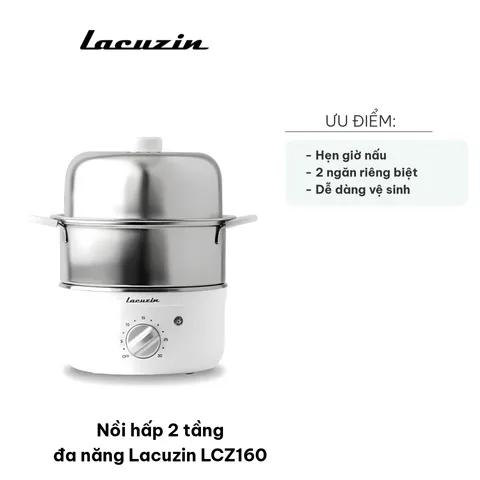 Nồi Hấp 2 Tầng Đa Năng Lacuzin LCZ160 - Hấp Trứng, Rau Củ, Thịt - Thiết Kế Bền Bỉ, Dễ Sử Dụng, Hẹn Giờ Tối Đa 30 Phút