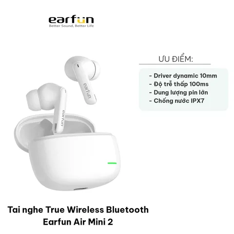 Tai Nghe True Wireless Bluetooth Earfun Air Mini 2 - Âm Thanh 10mm Dynamic, Kết Nối Bluetooth 5.2, Chống Nước IPX7, Thời Gian Sử Dụng Lên Đến 30 Giờ