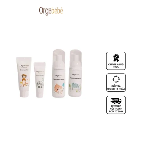 Set Chăm Sóc Da Mini Orgabebe Travel Kit 4 Món - Bọt Vệ Sinh, Sữa Tắm Gội, Kem Dưỡng Ẩm Cho Bé An Toàn Từ Sơ Sinh