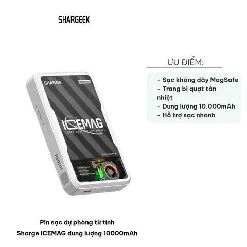 Pin sạc dự phòng từ tính Sharge ICEMAG 10000mAh - Sạc không dây & có dây, quạt tản nhiệt, đèn LED RGB, hoàn hảo cho iPhone 12 Series trở lên