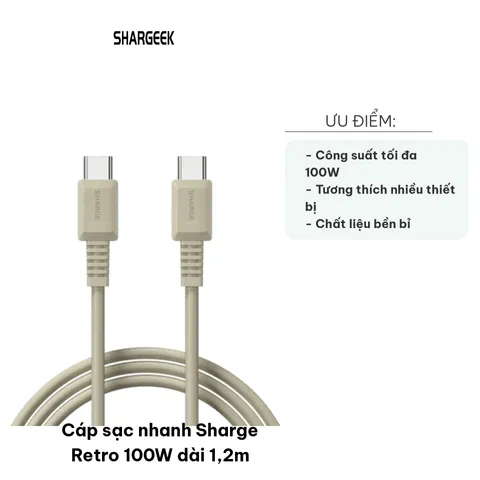 Cáp Sạc Nhanh Sharge Retro 100W Dài 1,2m - Phong Cách Cổ Điển Cho USB-C và Lightning, Thời Trang và Bền Bỉ