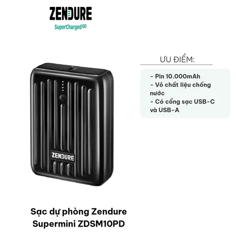 Sạc Dự Phòng Zendure Supermini ZDSM10PD 10.000mAh, 2 Cổng USB-C & USB-A, Sạc Nhanh Chống Nước, Pin Mini Gọn Nhẹ, Phụ Kiện Điện Tử Thời Trang