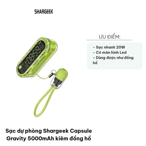 Sạc Dự Phòng Shargeek Capsule Gravity 5000mAh USB-C Kiêm Đồng Hồ LED Đa Năng - Sạc Nhanh 20W, Thiết Kế Trong Suốt, Hàng Chính Hãng