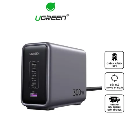 Bộ sạc nhanh 5 cổng Ugreen Nexode 300W - Sạc đa năng USB-C và USB-A cho laptop, điện thoại, iPad, Apple Watch