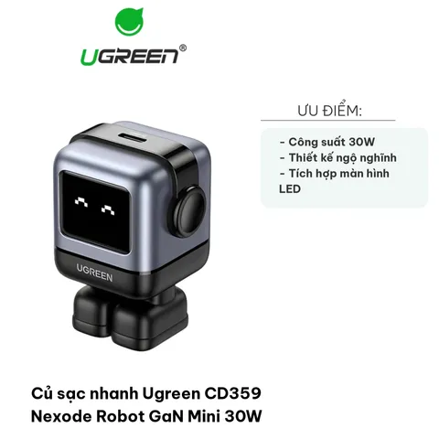 Củ Sạc Nhanh Ugreen CD359 Nexode Robot GaN Mini 30W - Sạc Thông Minh Cho Điện Thoại, Máy Tính Bảng và MacBook Air, Màn Hình LED Biểu Cảm