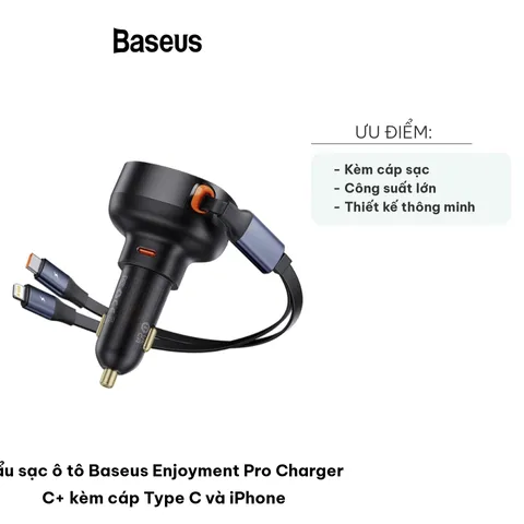 Tẩu Sạc Ô Tô Baseus Enjoyment Pro C+ 55W - Kèm Cáp Type C và Lightning, Hỗ Trợ Sạc Nhanh iPhone và Thiết Bị Di Động