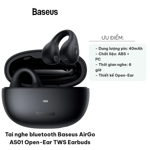 Tai nghe Bluetooth Baseus AirGo AS01 True Wireless (TWS) - Thiết kế Open-Ear, Công nghệ ENC, Âm thanh sống động, Pin 25 giờ