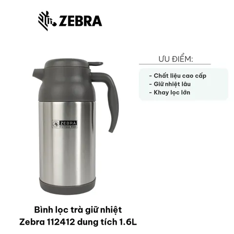 Bình lọc trà giữ nhiệt Zebra 112412 dung tích 1.6L - Thiết kế bền bỉ, chất liệu an toàn, khả năng giữ nhiệt 12 giờ, phù hợp gia đình và văn phòng