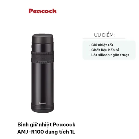 Bình giữ nhiệt Peacock AMJ-R100 1L - Thép không gỉ, Giữ nhiệt lâu, Dùng cho nước nóng/lạnh, Phụ kiện tiện ích cho mùa đông hè