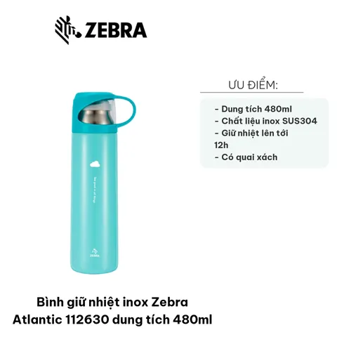 Bình Giữ Nhiệt Inox Zebra Atlantic 112630 480ml - Thiết Kế Nhẹ, Giữ Nhiệt Tối Ưu 12 Giờ, Phù Hợp Đi Làm, Du Lịch