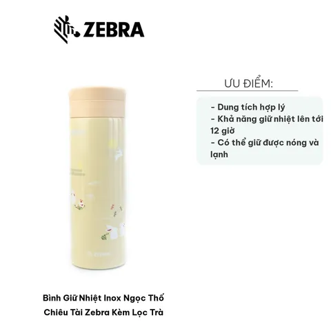 Bình Giữ Nhiệt Inox Ngọc Thố Chiêu Tài Zebra 450ml Kèm Lọc Trà - Chống Gỉ Sét, Giữ Nhiệt Đến 12 Giờ, Dùng Học Tập, Làm Việc, Picnic