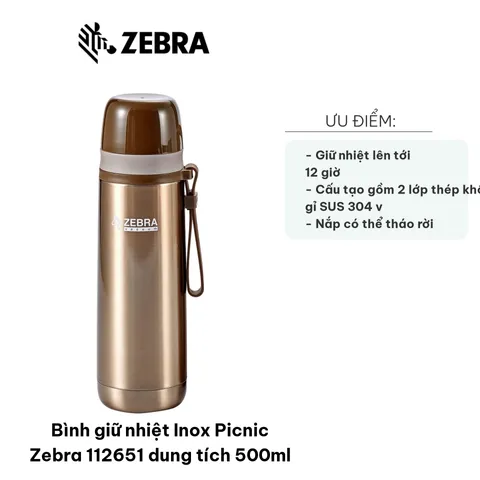 Bình Giữ Nhiệt Inox Picnic Zebra 112651 500ml - Chất Liệu Thép Không Gỉ, Giữ Nhiệt Tối Ưu 12 Giờ, Quai Xách Tiện Lợi