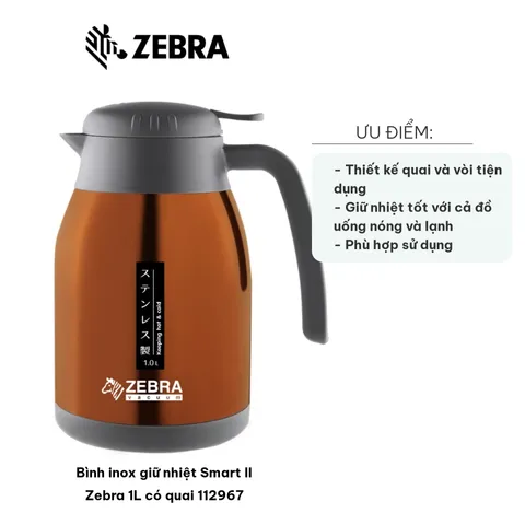 Bình Inox Giữ Nhiệt Smart II Zebra 1L Có Quai - Chất Liệu Thép Không Gỉ, Giữ Nhiệt 12 Giờ, Phù Hợp Gia Đình 2-4 Người