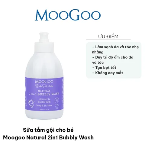 Sữa Tắm Gội Cho Bé MooGoo Natural 2in1 Bubbly Wash - Chiết Xuất Cám Gạo, Dịu Nhẹ, Dưỡng Ẩm Da Và Tóc Mềm Mượt 500ml