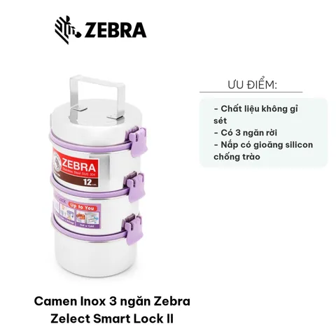 Camen Inox 3 Ngăn Zebra Zelect Smart Lock II - Hộp Đựng Thực Phẩm Chống Trào Có Nắp Đậy Tiện Lợi, Chất Liệu Inox SUS304