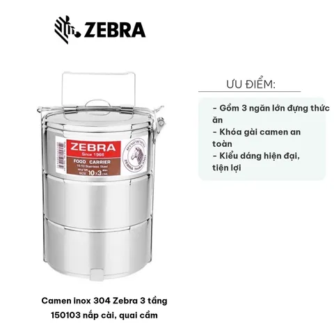 Camen inox 304 Zebra 3 tầng 150103 - Thùng đựng thực phẩm có nắp, quai cầm chắc chắn, tiện lợi dùng hằng ngày