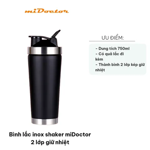Bình Lắc Inox Shaker miDoctor 750ml - Giữ Nhiệt 6-12h, có Quả Lắc Chuyên Dụng Cho Người Tập Gym, Thể Hình