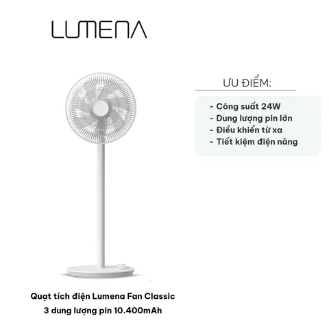 Quạt Tích Điện Lumena Fan Classic 3 - Pin 10.400mAh, Điều Khiển Từ Xa, Chế Độ Gió Đa Năng, Thời Gian Sử Dụng Lên Đến 40 Giờ