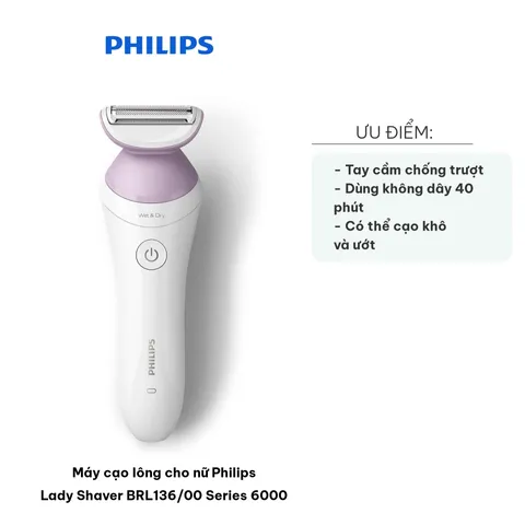 Máy cạo lông cho nữ Philips Lady Shaver BRL136/00 - Thiết kế nhỏ gọn, cạo khô và ướt, an toàn cho da, chăm sóc cá nhân hiệu quả