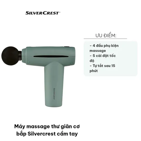 Máy Massage Thư Giãn Cơ Bắp Cầm Tay Silvercrest - 4 Đầu Massage, 5 Mức Tốc Độ, Pin 1800mAh Dùng 8 Giờ, Thiết Kế Gọn Nhẹ
