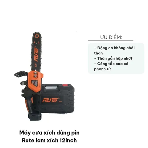 Máy cưa xích pin Rute 12inch - Cắt gỗ dễ dàng với động cơ không chổi than mạnh mẽ, công suất 1600W, khổ cắt 30cm.