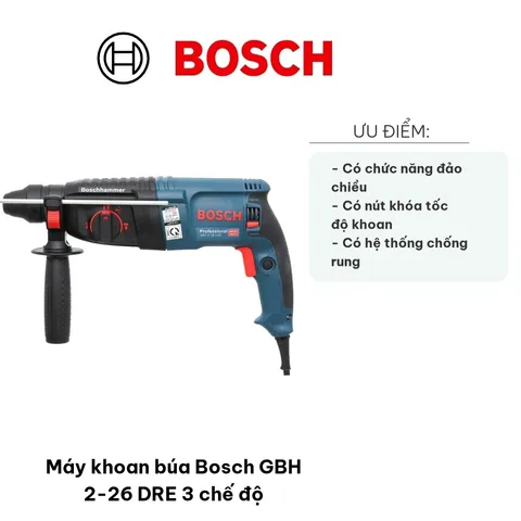 Máy Khoan Búa Bosch GBH 2-26 DRE 800W - 3 Chế Độ Khoan Đa Năng, Chức Năng Đảo Chiều, Thích Hợp Cho Bê Tông, Gỗ, Kim Loại