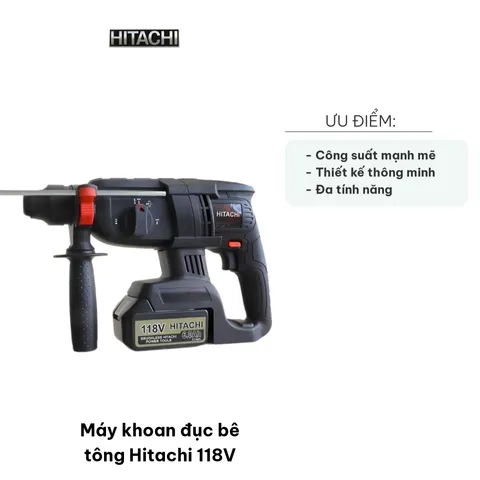 Máy Khoan Đục Bê Tông Hitachi 118V - Công Suất Mạnh Mẽ, Đột Phá Đa Năng cho Xây Dựng và Thi Công, Sử Dụng Pin Sạc 6Ah