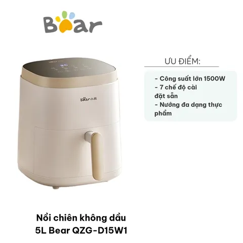 Nồi Chiên Không Dầu 5L Bear QZG-D15W1 - Công Suất 1500W, Nướng Đồ Ăn Ngon Lành, Đa Dạng Chế Độ Nấu, Dễ Dàng Sử Dụng