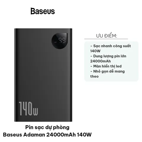 Pin sạc dự phòng Baseus Adaman 24000mAh 140W - Sạc nhanh đa năng cho điện thoại, máy tính bảng và thiết bị thông minh