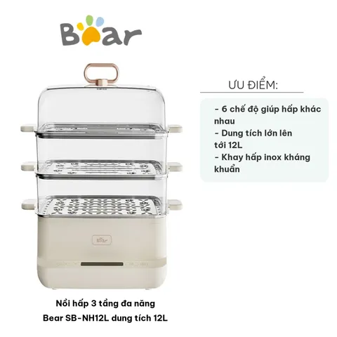 Nồi Hấp 3 Tầng Đa Năng Bear SB-NH12L 12L - Chế Độ Hấp Hải Sản, Thịt, Bánh Bao, Giữ Nhiệt Tự Động, Dễ Dàng Sử Dụng