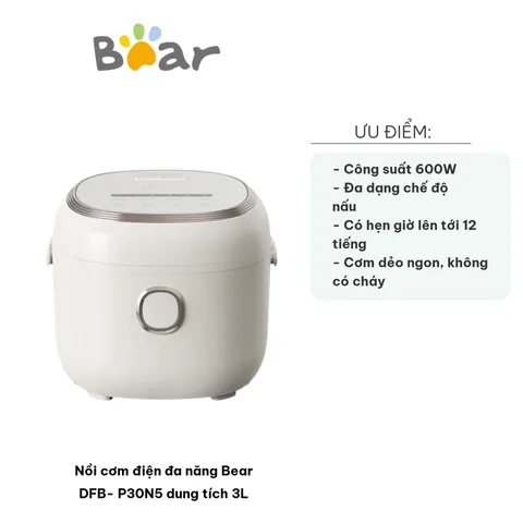 Nồi Cơm Điện Đa Năng Bear DFB-P30N5 3L - Nấu Cơm, Cháo, Súp, Hẹn Giờ, Bảng Điều Khiển Điện Tử, Tiện Lợi Cho Gia Đình