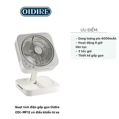 Quạt Tích Điện Gấp Gọn Oidire ODI-MF12 - Có Điều Khiển Từ Xa, Dung Lượng Pin 4000mAh, Thời Gian Sử Dụng 8 Giờ, Tiện Dụng Đi Dã Ngoại