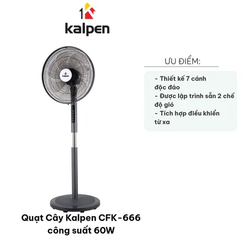 Quạt Cây Kalpen CFK-666 - Quạt Đứng Công Suất 60W, Thiết Kế Hiện Đại, 3 Chế Độ Gió, Điều Khiển Từ Xa, Tiện Ích Cho Mọi Không Gian