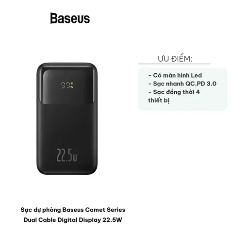 Sạc Dự Phòng Baseus Comet Series 22.5W - Dual Cable Type C & Lightning, Màn Hình LED, Sạc Nhanh QC 3.0, Kẹp Tiện Dụng