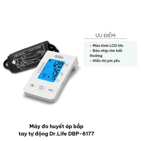 Máy Đo Huyết Áp Bắp Tay Tự Động Dr.Life DBP-6177 - Màn Hình Lớn, Cảnh Báo Nhịp Tim Bất Thường, Nguồn Pin AAA và Cổng USB