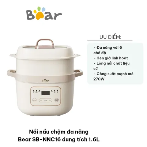 Nồi nấu chậm đa năng Bear SB-NNC16 1.6L - Thiết kế hiện đại, 6 chế độ nấu tiện lợi, giữ trọn dinh dưỡng cho món ăn thơm ngon