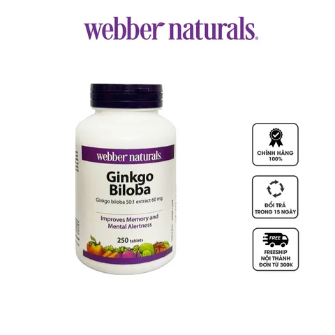 Viên uống Webber Naturals Ginkgo Biloba 60mg - Tăng cường tuần hoàn não, cải thiện trí nhớ và sự tập trung cho người lớn tuổi