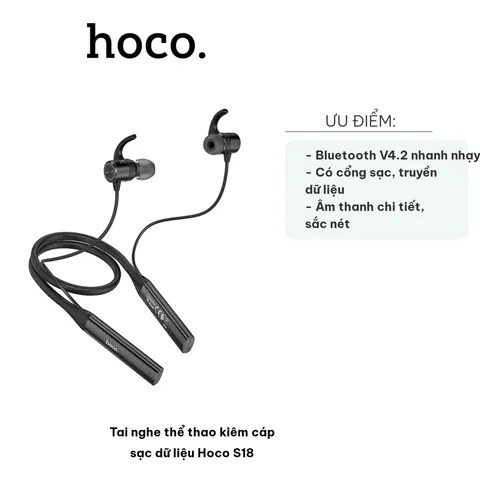 Tai nghe thể thao Bluetooth Hoco S18 - Âm thanh rõ nét, cáp sạc dữ liệu tích hợp, thời gian nghe lên đến 6 giờ, thiết kế ôm sát tai