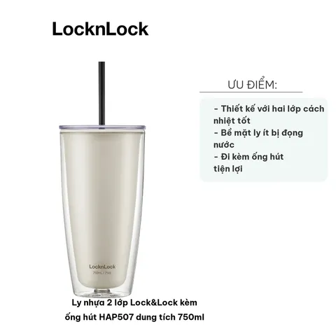 Ly nhựa 2 lớp Lock&Lock kèm ống hút HAP507 750ml - Chống nhiệt, thiết kế tiện dụng, lý tưởng cho nước lạnh và nước đá