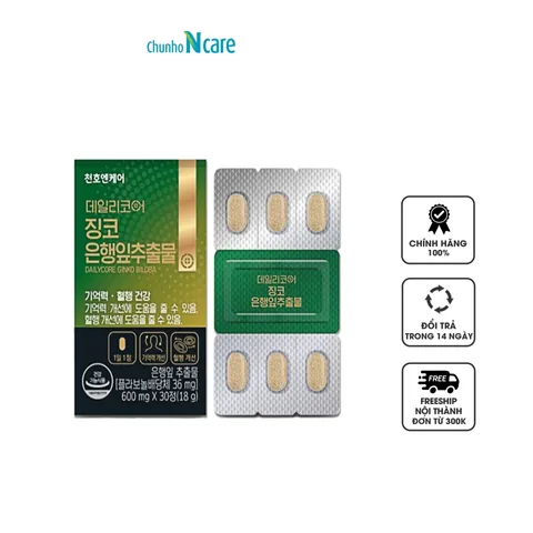Viên uống Ginkgo Biloba Chunho Ncare 600mg - Hỗ trợ trí nhớ, giảm căng thẳng mệt mỏi, cải thiện tuần hoàn não, hộp 30 viên