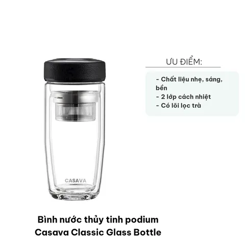 Bình Nước Thủy Tinh 350ml Casava Classic - Bình Giữ Nhiệt 2 Lớp Sang Trọng, Có Lõi Lọc Trà, Thích Hợp Mang Đi Làm, Du Lịch