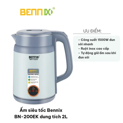 Ấm Siêu Tốc Bennix BN-200EK 2L - Đun Sôi Nước Nhanh, Giữ Ấm 55°C, An Toàn, Tiện Lợi cho Mọi Gia Đình