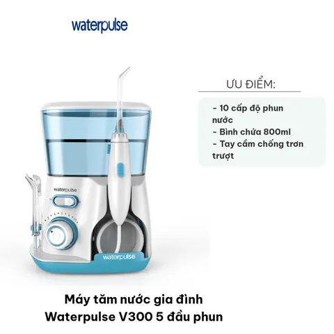 Máy Tăm Nước Gia Đình Waterpulse V300 - 5 Đầu Phun, 10 Mức Độ Phun, Giúp Làm Sạch Răng và Massage Nướu Hiệu Quả