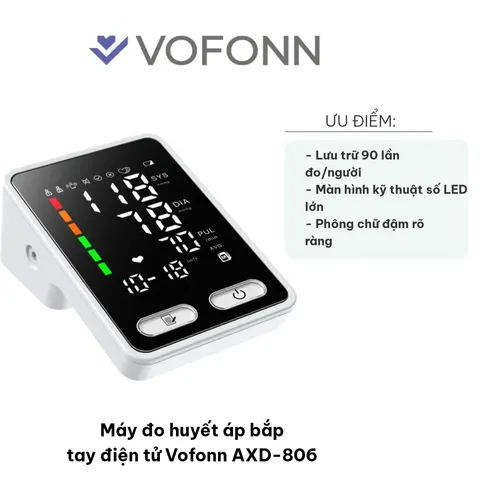Máy đo huyết áp bắp tay điện tử Vofonn AXD-806 - Công nghệ đo dao động, chính xác, lưu 90 lần đo cho 2 người dùng, màn hình LED lớn.