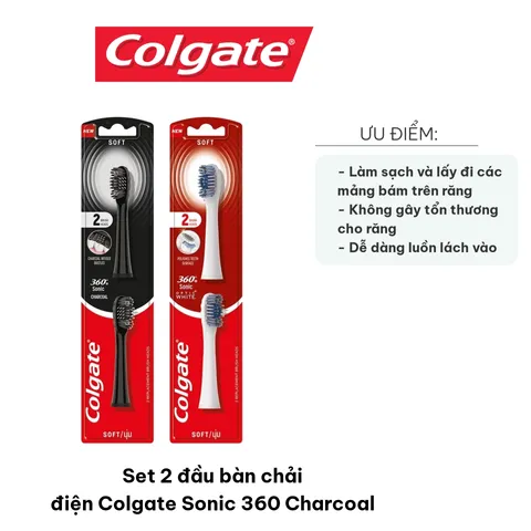 Set 2 Đầu Bàn Chải Điện Colgate Sonic 360 Charcoal - Thiết Kế Cải Tiến Kháng Khuẩn, Chải Sạch Hiệu Quả