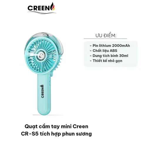 Quạt Cầm Tay Mini Creen CR-S5 Tích Hợp Phun Sương - Quạt Tản Nhiệt Thông Minh, Thiết Kế Gọn Nhẹ Dành Cho Ngày Nóng Khô